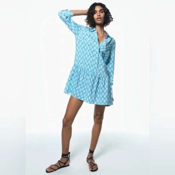 Zara The Carly Printed Mini Dress NWT L Blue Block Print - Picture 2 of 10